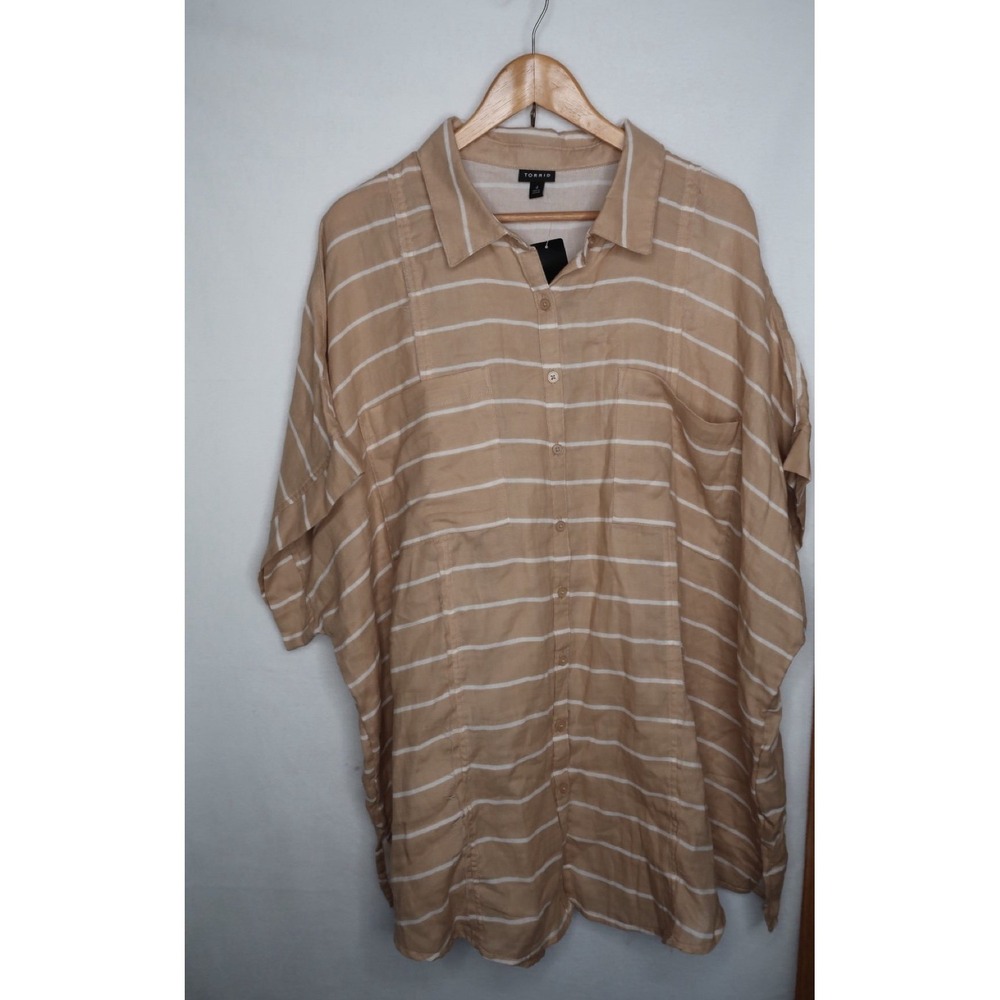 Torrid Striped Dolman Button Up Shirt Tan White Gauze Relaxed Women's 4 NWT - Picture 3 of 11